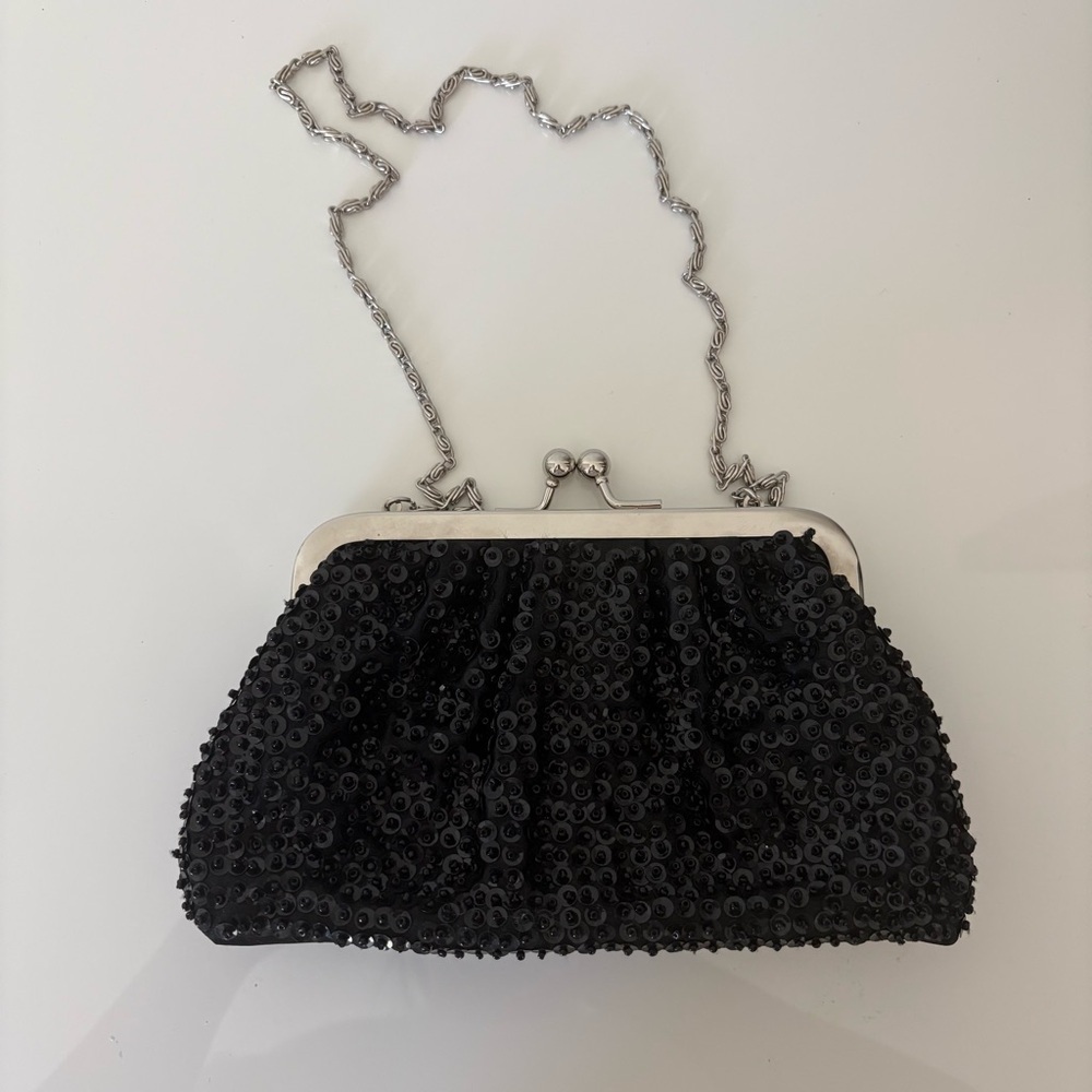 Vintage Black and Silver Evening Clutch with Chain Strap